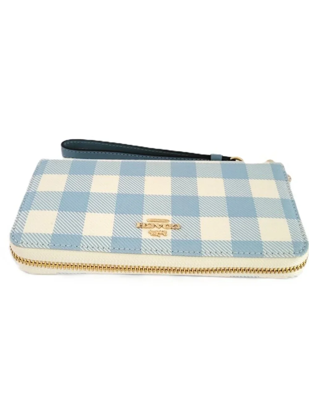 Coach CFA13 Long Zip Around Wallet Jacquard Gingham Print Wristlet Blue Multi